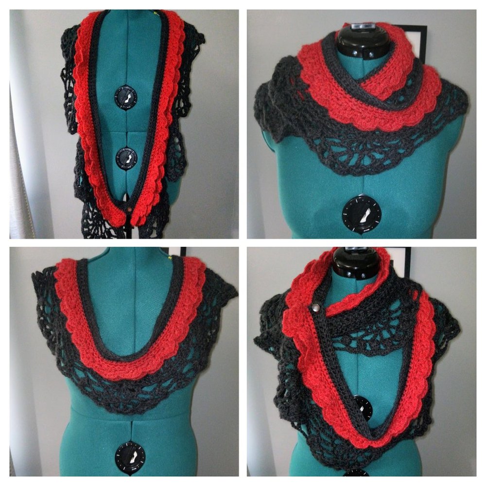 Crochet Multi-Wear Scarf/Wrap/Vest/Accessory in Heathered Red & Gray NEW - Picture 10 of 10